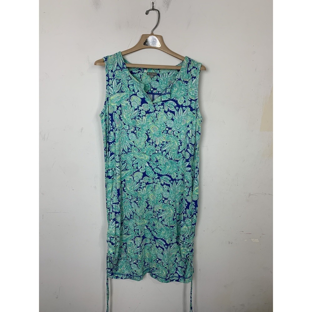 T by Talbots Womens Blue Green Paisley Sleeveless Knit Cinch Side Dress Size X